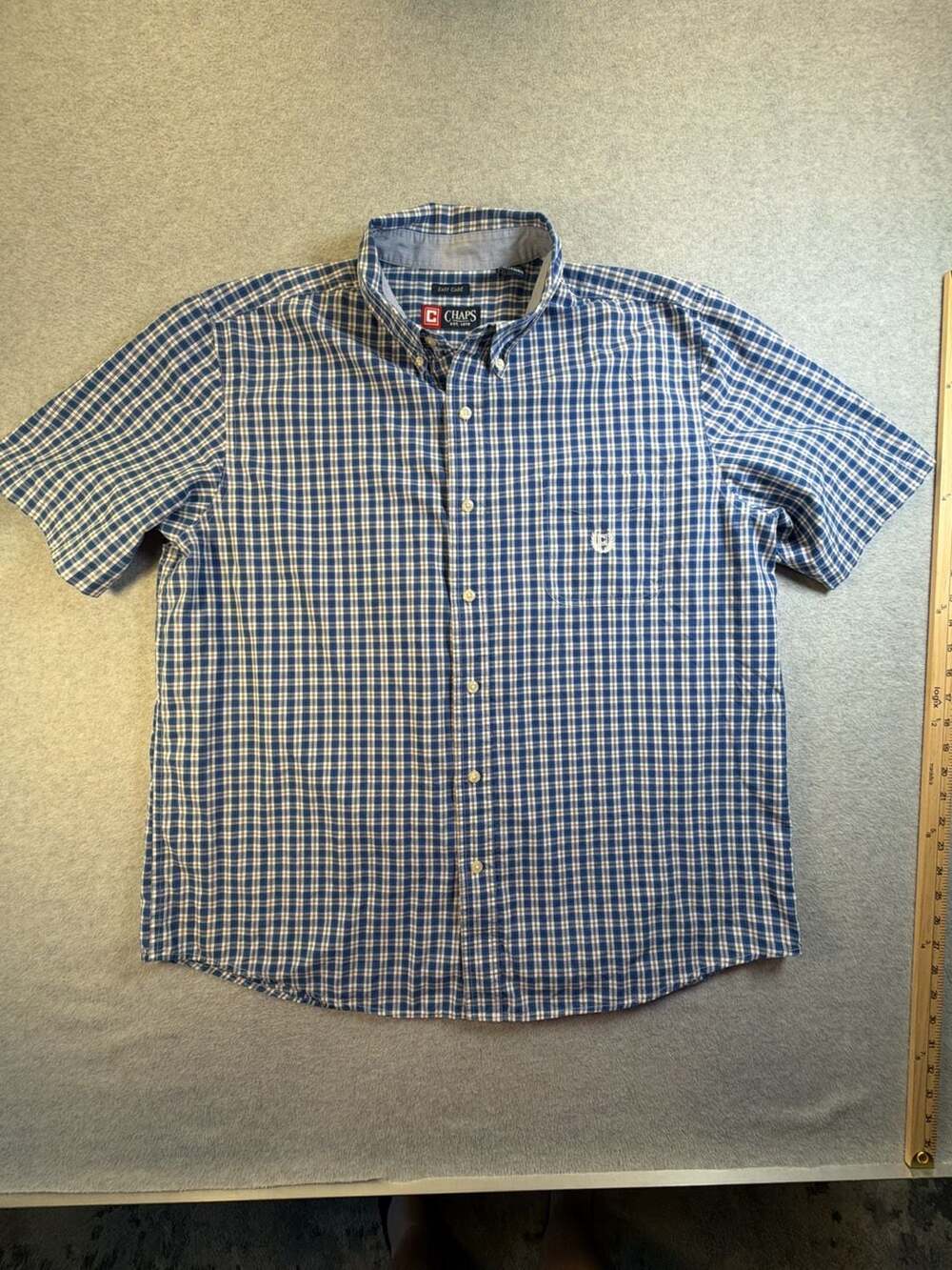 Chaps Short Sleeve Button Down Shirt Size XL Blue Plaid Easy Care